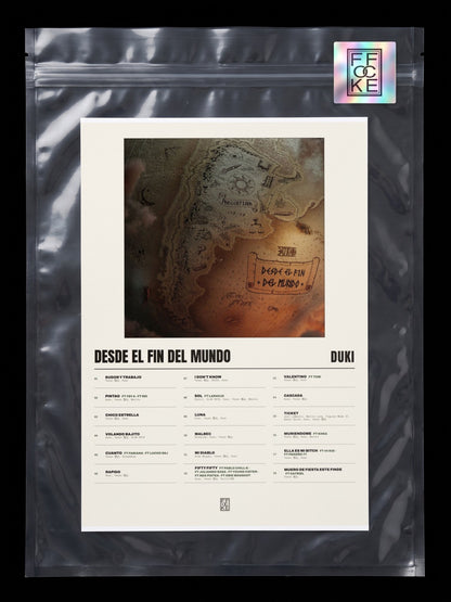 Póster de Desde el Fin del Mundo de Duki en una bolsa sellada con sticker FFOCKE