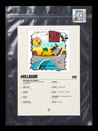 Póster de #VILLASURF de 2UU! en una bolsa sellada con sticker FFOCKE