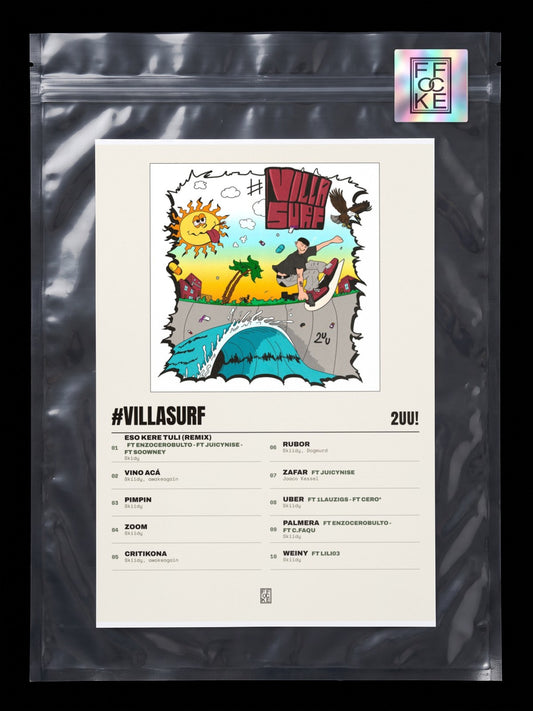 Póster de #VILLASURF de 2UU! en una bolsa sellada con sticker FFOCKE