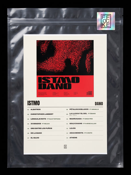 Póster de Istmo de Dano en una bolsa sellada con sticker FFOCKE