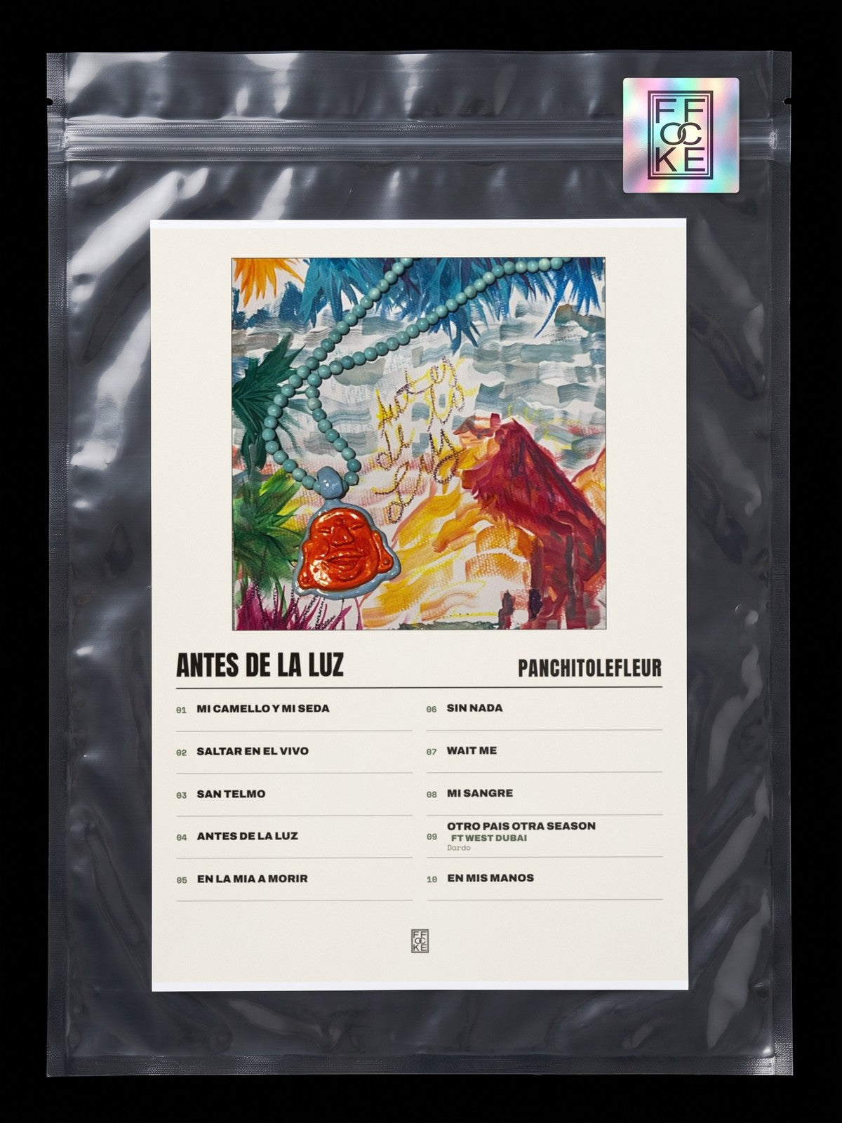 Póster de ANTES DE LA LUZ de PanchitoLeFleur en una bolsa sellada con sticker FFOCKE