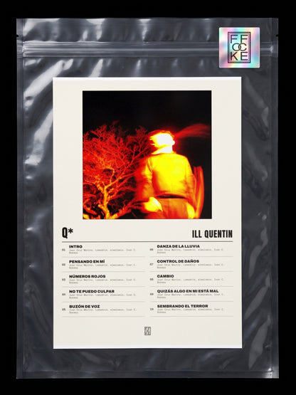 Póster de q* de ill quentin en una bolsa sellada con sticker FFOCKE