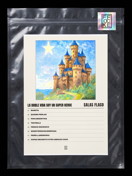 Póster de La Doble Vida Soy un Super Heroe de Salas Flaco en una bolsa sellada con sticker FFOCKE