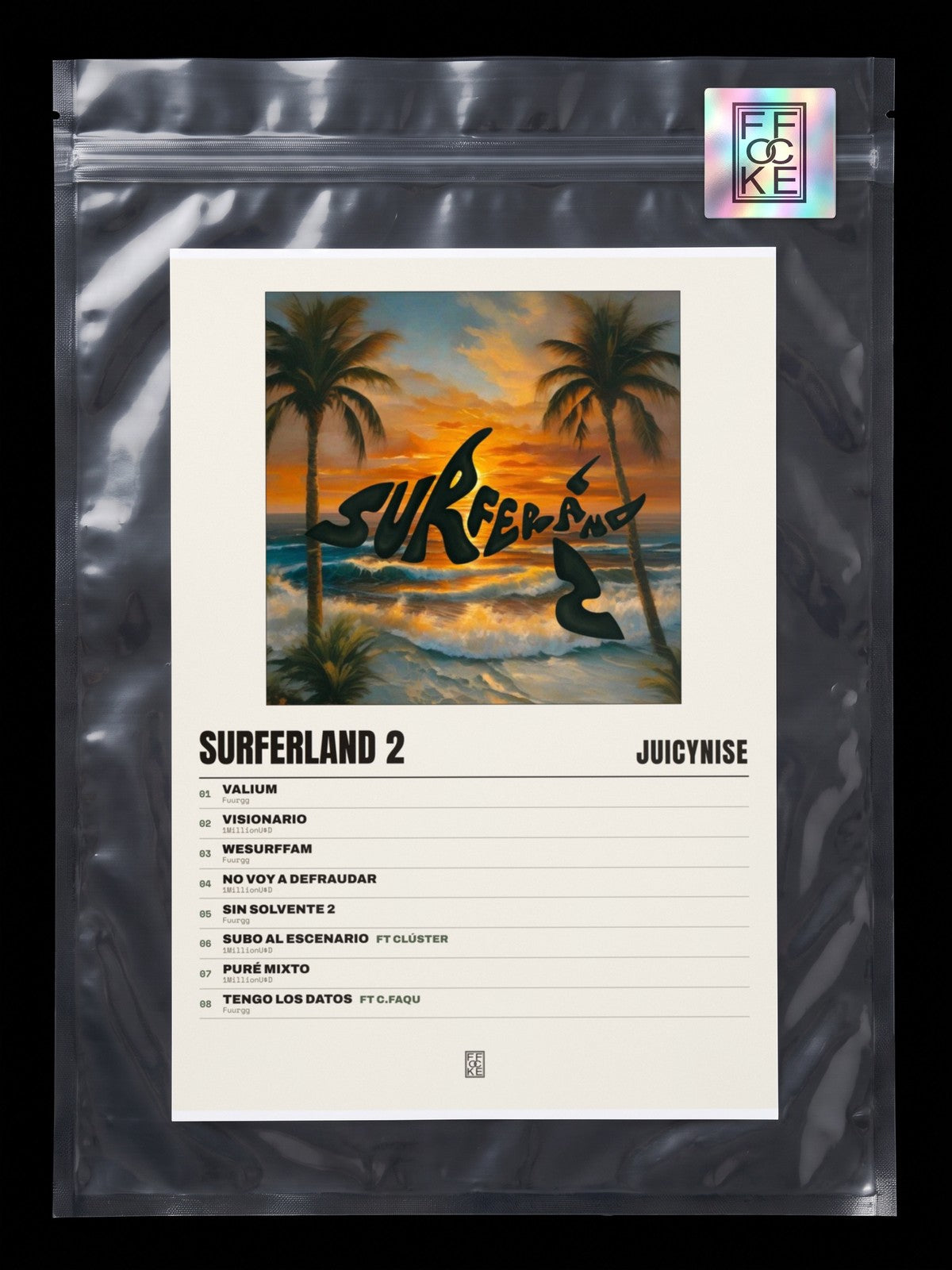 Póster de Surferland 2 de JuicyNise en una bolsa sellada con sticker FFOCKE