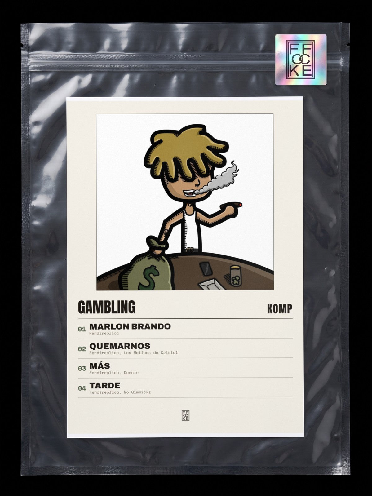 Póster de Gambling de Komp en una bolsa sellada con sticker FFOCKE