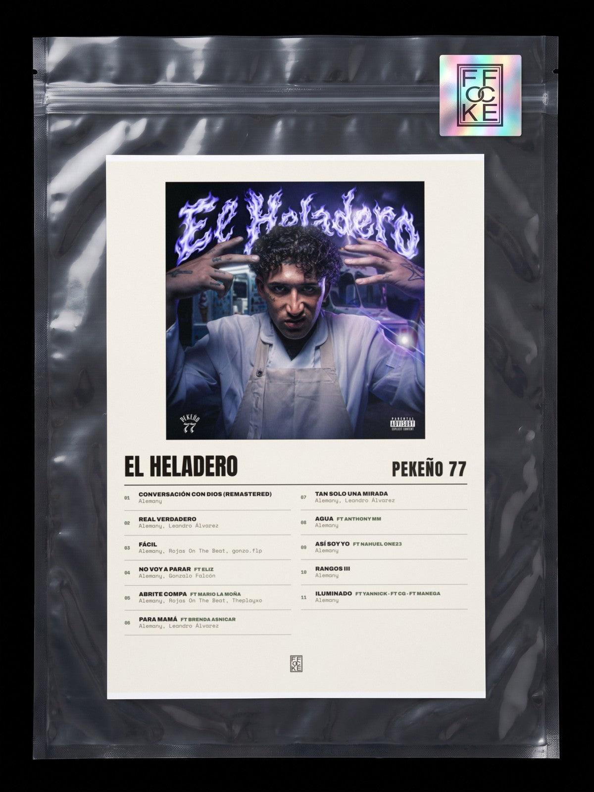 Póster de EL HELADERO de Pekeño 77 en una bolsa sellada con sticker FFOCKE