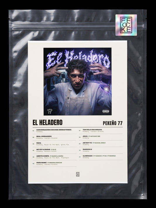 Póster de EL HELADERO de Pekeño 77 en una bolsa sellada con sticker FFOCKE