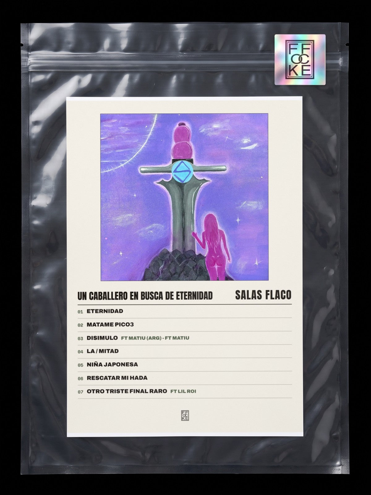 Póster de Un Caballero en Busca de Eternidad de Salas Flaco en una bolsa sellada con sticker FFOCKE