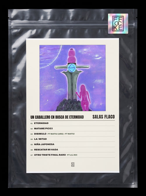 Póster de Un Caballero en Busca de Eternidad de Salas Flaco en una bolsa sellada con sticker FFOCKE