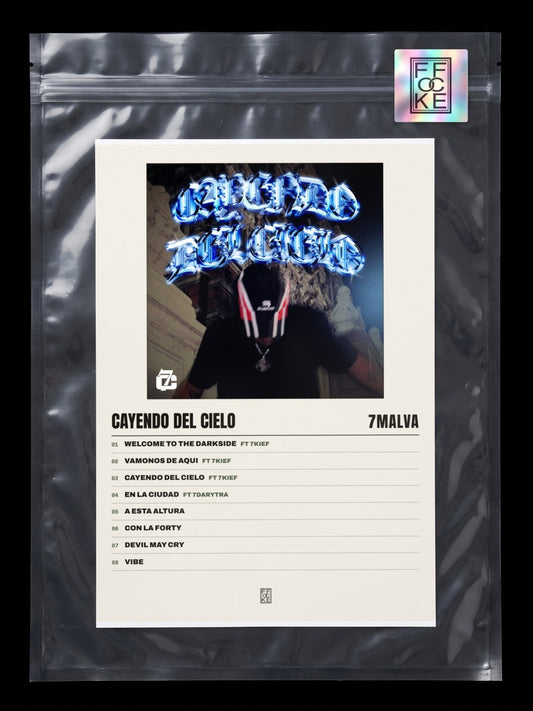 Póster de Cayendo del Cielo de 7Malva en una bolsa sellada con sticker FFOCKE