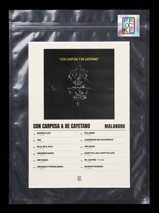 Póster de Con Carpusa & De Cayetano de Malandro en una bolsa sellada con sticker FFOCKE