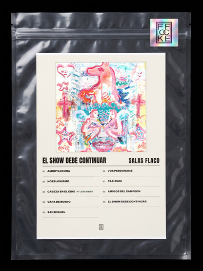 Póster de El Show Debe Continuar de Salas Flaco en una bolsa sellada con sticker FFOCKE
