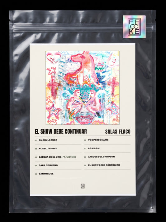 Póster de El Show Debe Continuar de Salas Flaco en una bolsa sellada con sticker FFOCKE