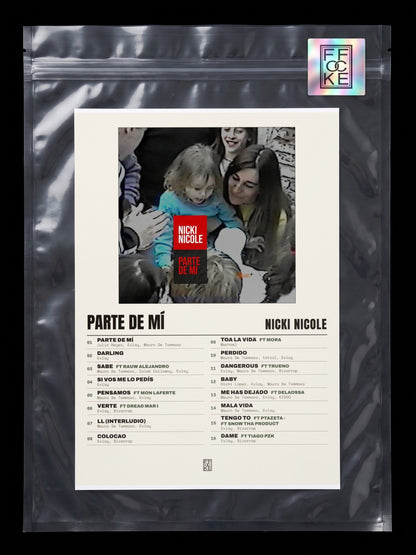 Póster de Parte de Mí de Nicki Nicole en una bolsa sellada con sticker FFOCKE