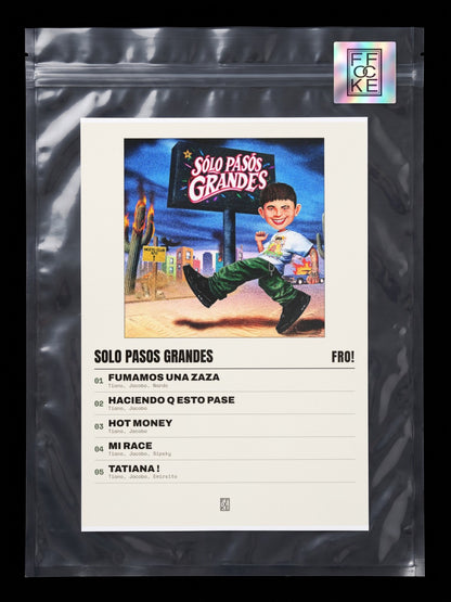 Póster de solo pasos GRANDES de FRO! en una bolsa sellada con sticker FFOCKE