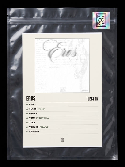 Póster de Eros de Leston en una bolsa sellada con sticker FFOCKE