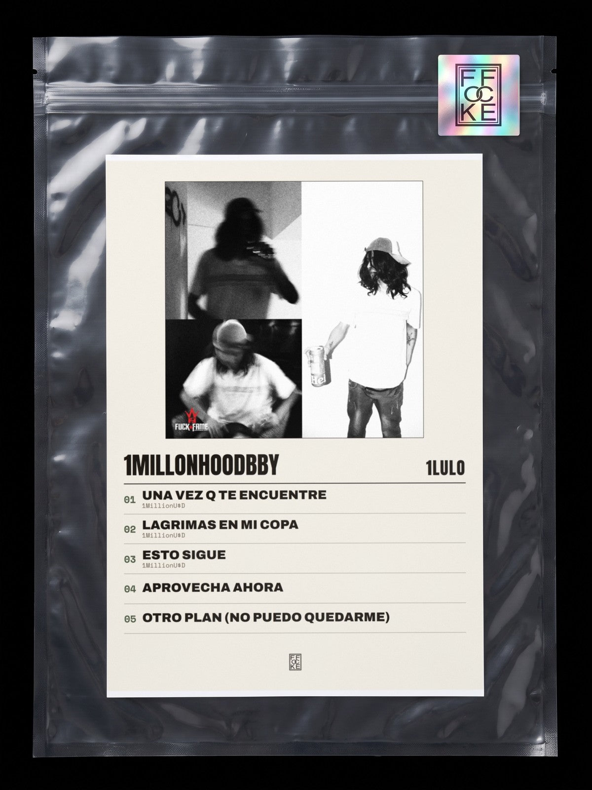 Póster de 1MILLONHOODBBY de 1lulo en una bolsa sellada con sticker FFOCKE