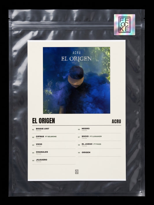 Póster de El Origen de ACRU en una bolsa sellada con sticker FFOCKE