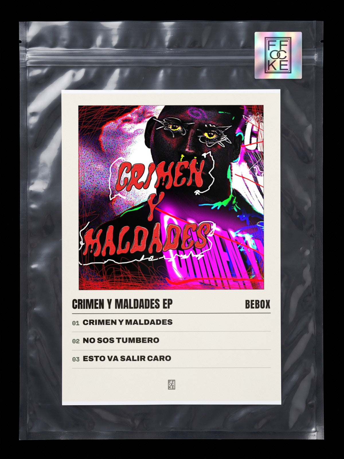 Póster de CRIMEN Y MALDADES EP de Bebox en una bolsa sellada con sticker FFOCKE
