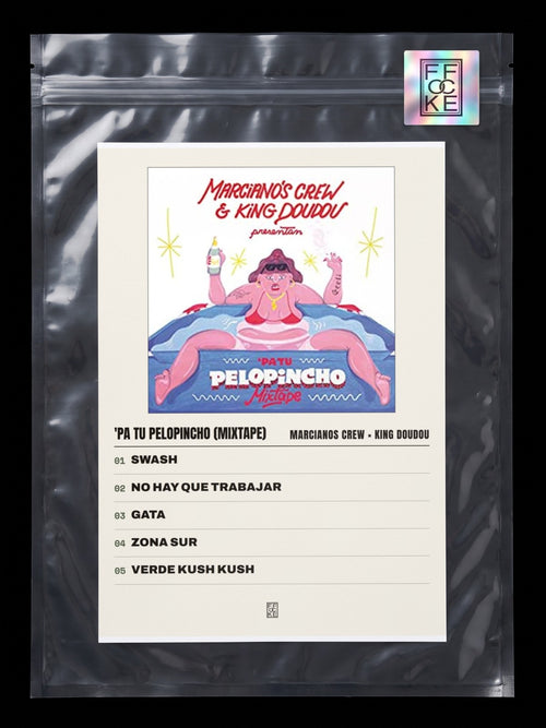 Póster de 'Pa Tu Pelopincho (Mixtape) de Marcianos Crew × King Doudou en una bolsa sellada con sticker FFOCKE