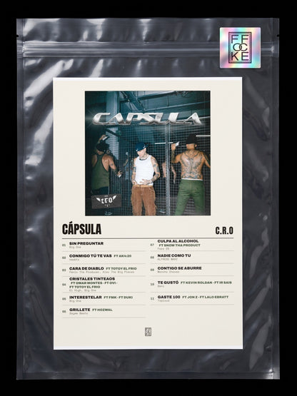 Póster de Cápsula de C.R.O en una bolsa sellada con sticker FFOCKE