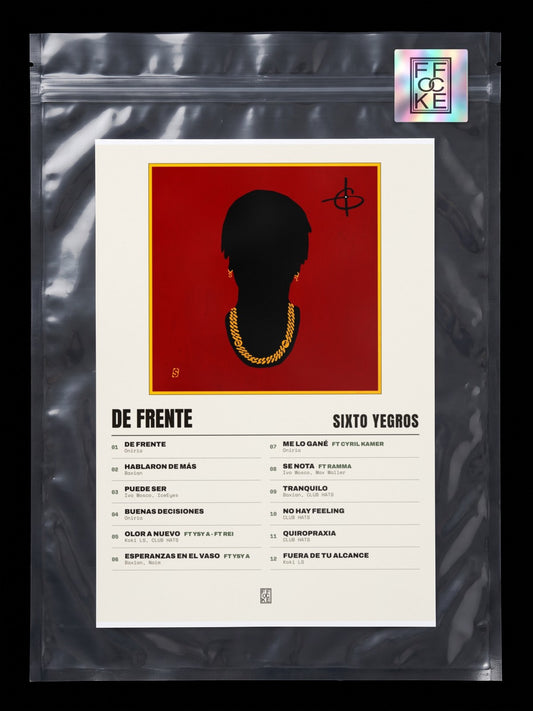Póster de DE FRENTE de Sixto Yegros en una bolsa sellada con sticker FFOCKE