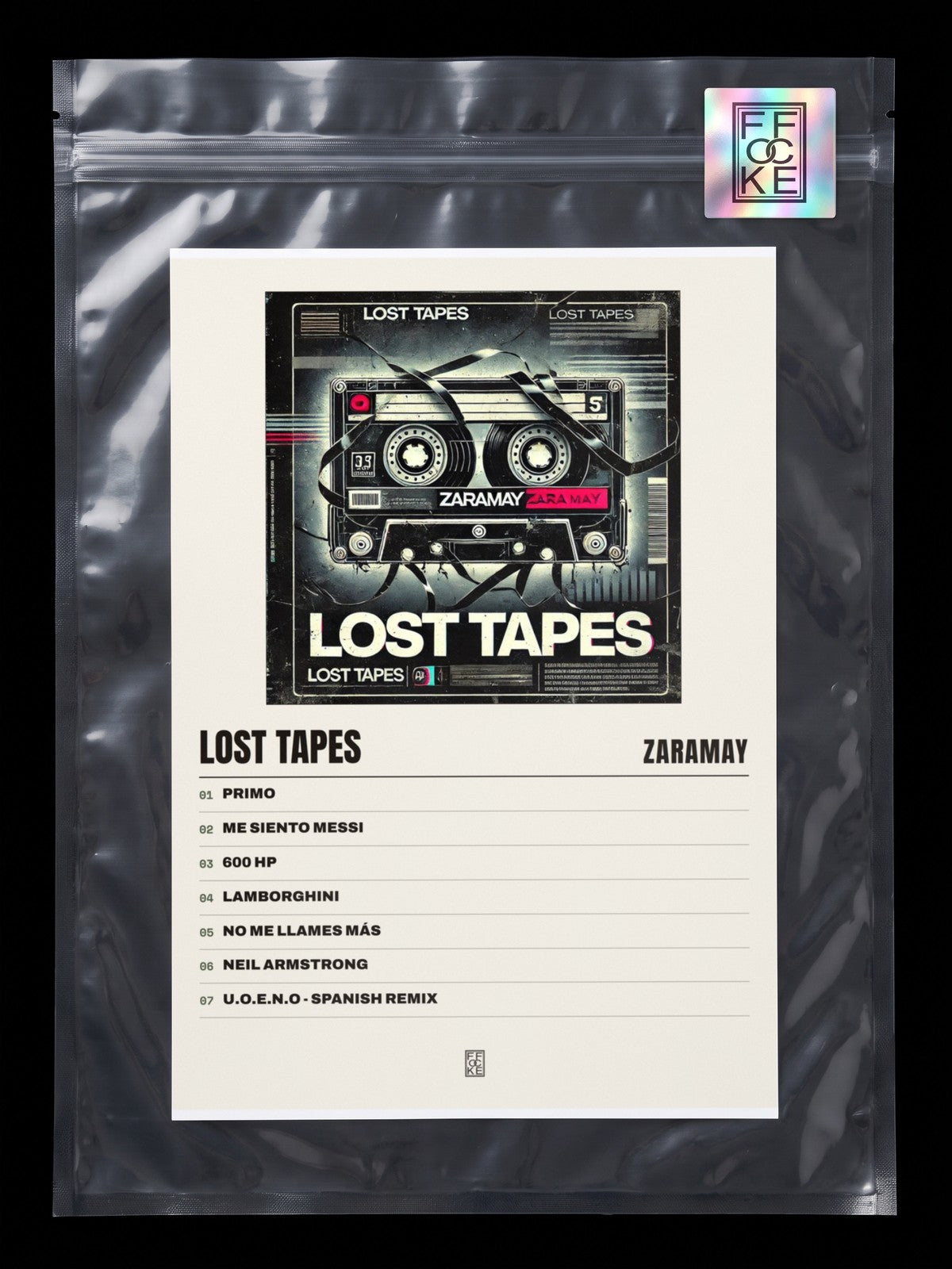 Póster de LOST TAPES de ZARAMAY en una bolsa sellada con sticker FFOCKE