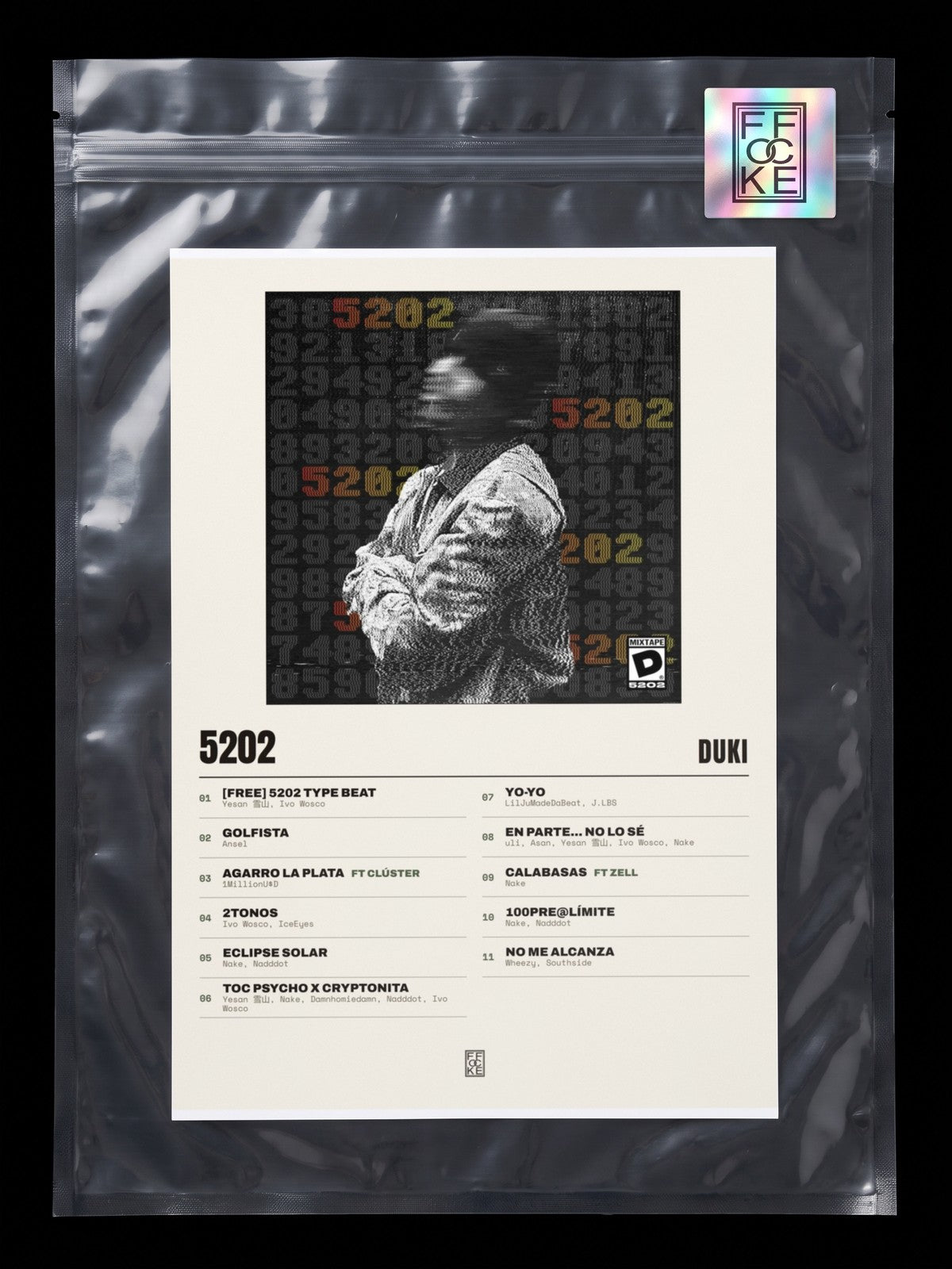 Póster de 5202 de Duki en una bolsa sellada con sticker FFOCKE