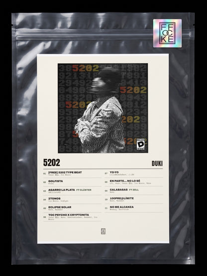 Póster de 5202 de Duki en una bolsa sellada con sticker FFOCKE