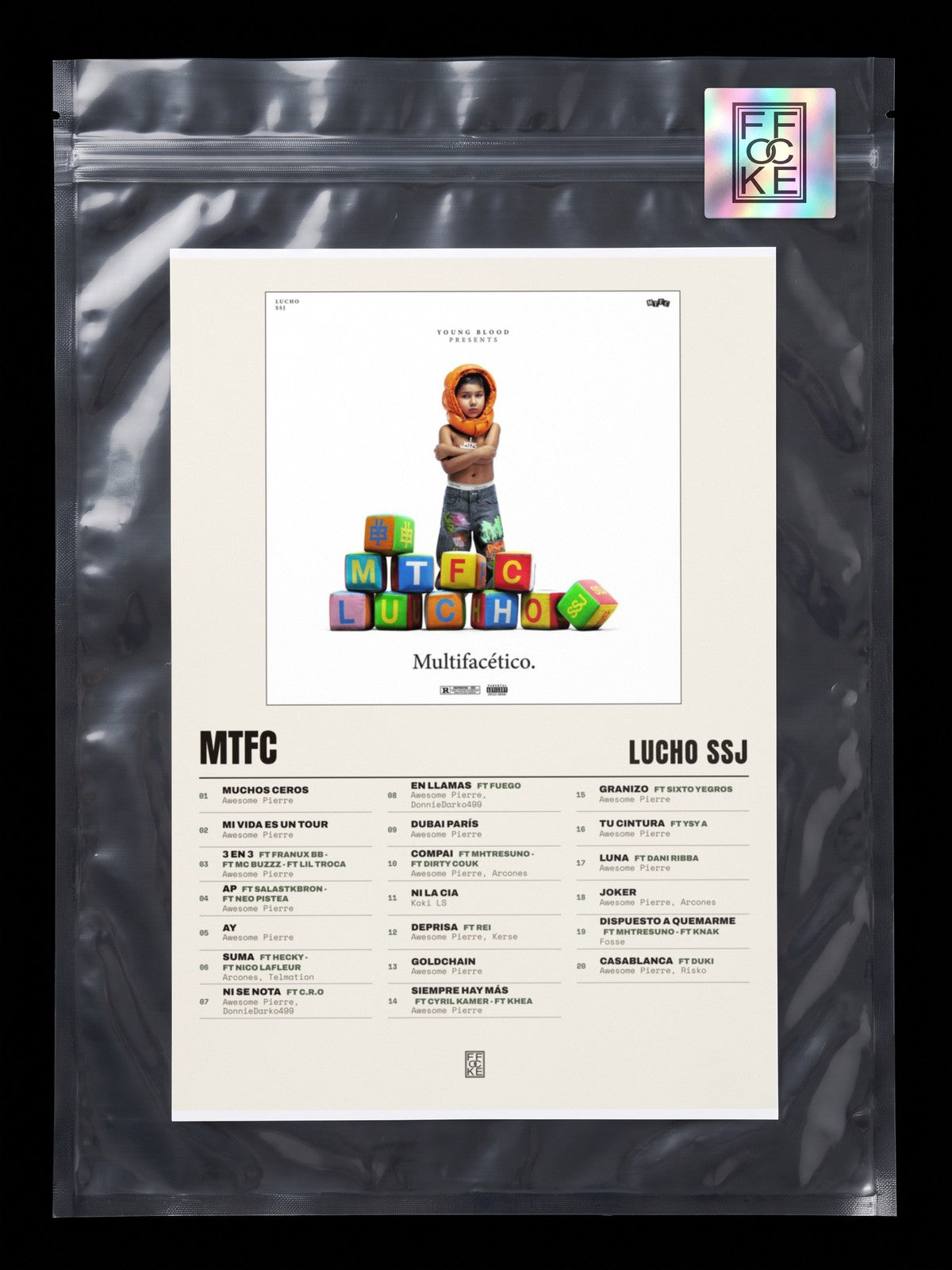 Póster de MTFC de Lucho SSJ en una bolsa sellada con sticker FFOCKE