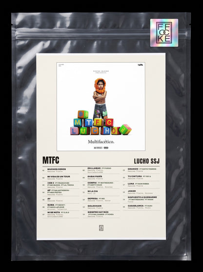 Póster de MTFC de Lucho SSJ en una bolsa sellada con sticker FFOCKE