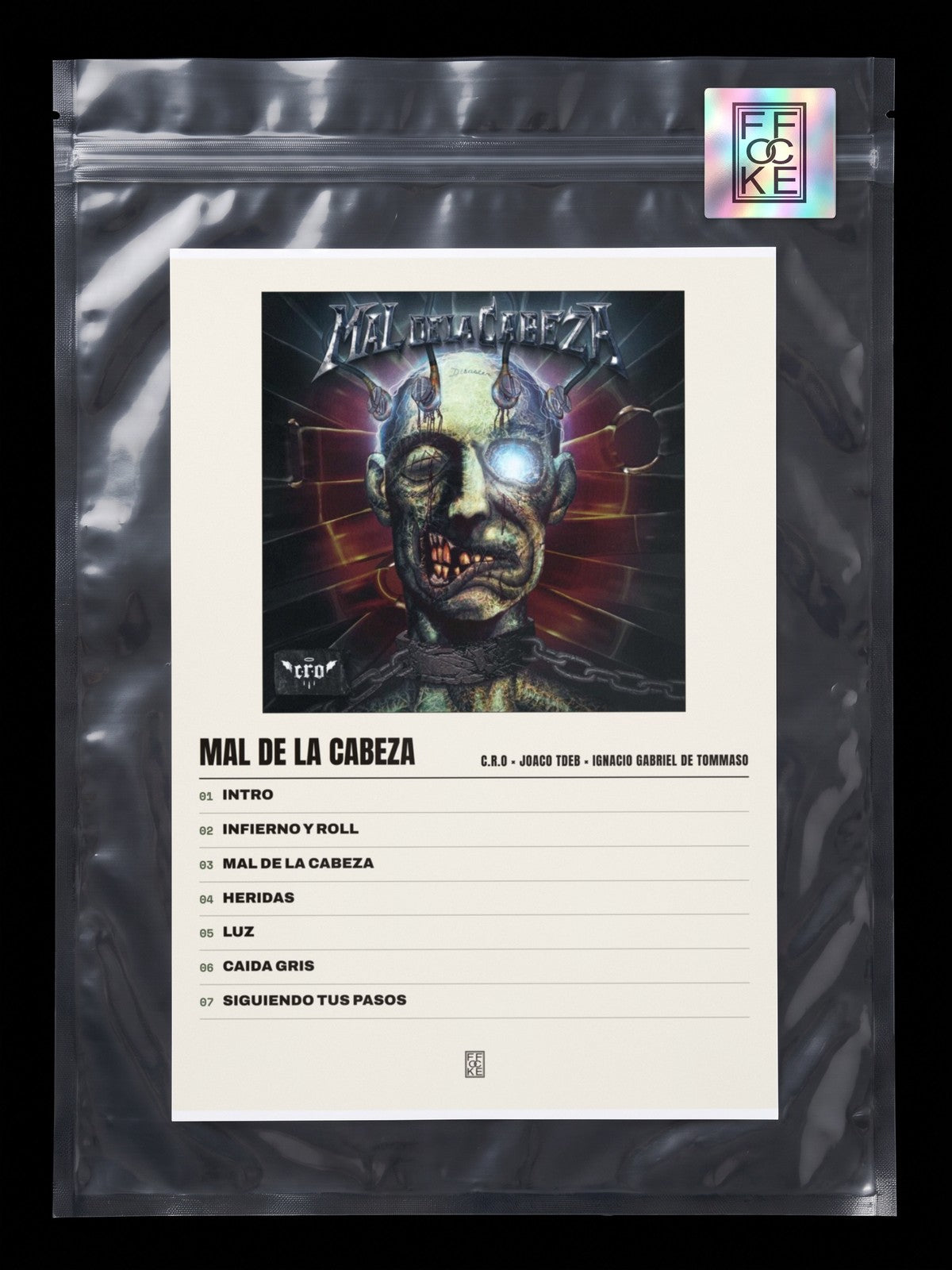 Póster de Mal de la Cabeza de C.R.O × Joaco Tdeb × Ignacio Gabriel De Tommaso en una bolsa sellada con sticker FFOCKE