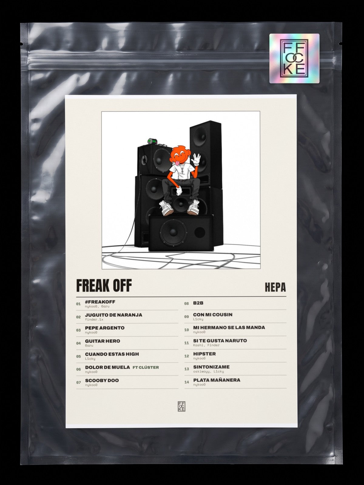 Póster de FREAK OFF de Hepa en una bolsa sellada con sticker FFOCKE