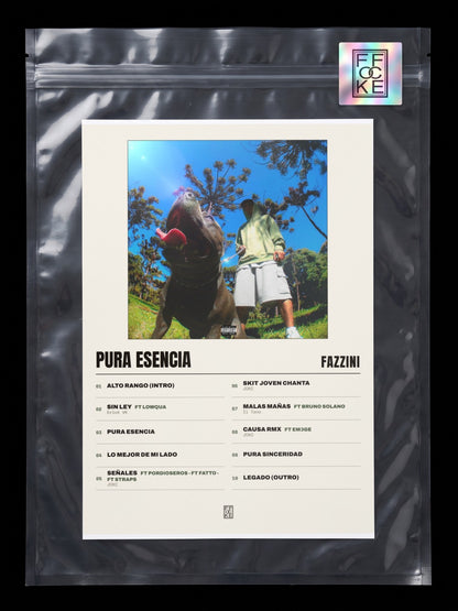 Póster de Pura Esencia de Fazzini en una bolsa sellada con sticker FFOCKE