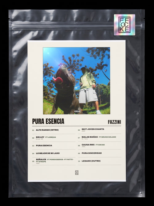 Póster de Pura Esencia de Fazzini en una bolsa sellada con sticker FFOCKE