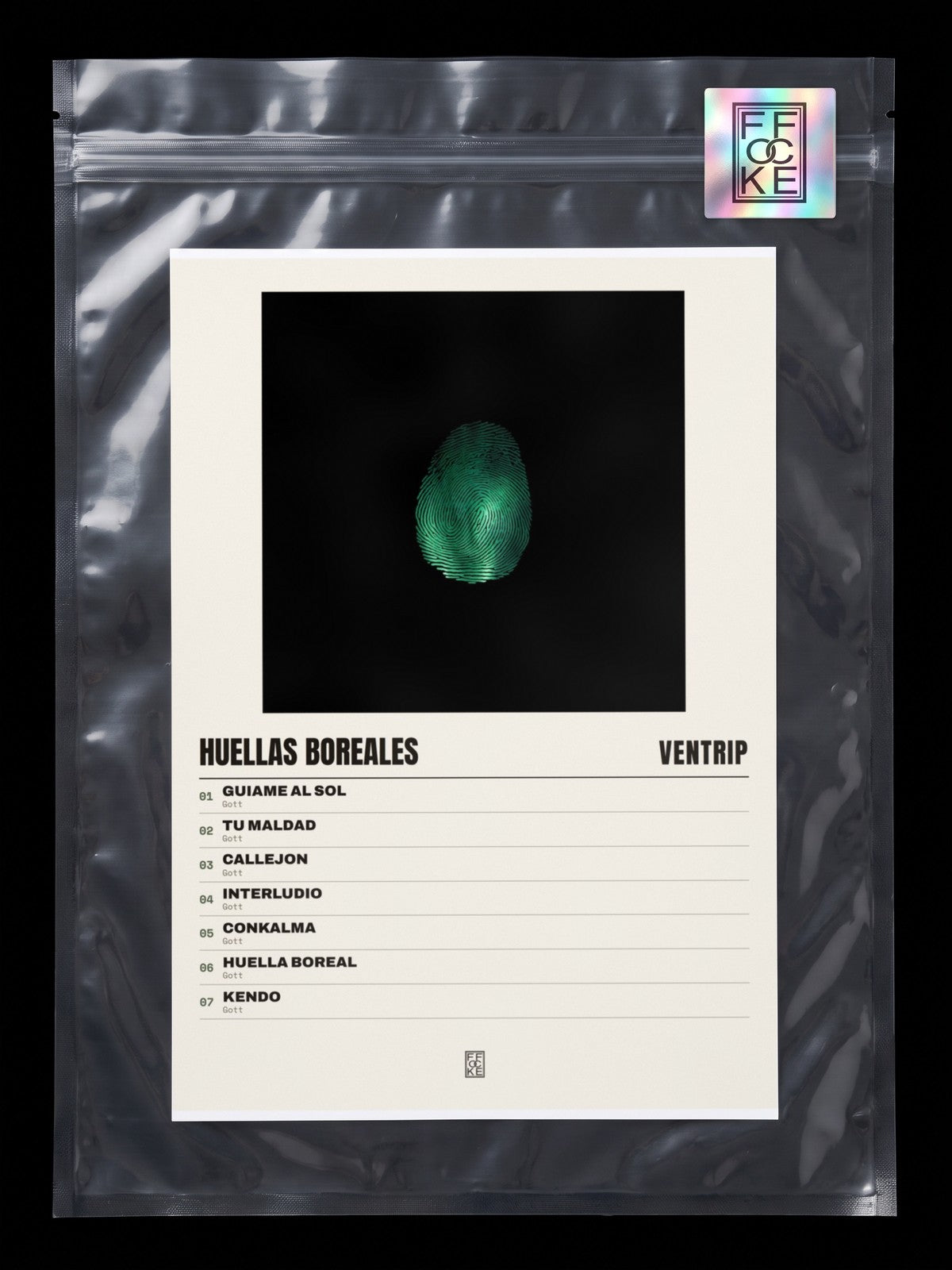 Póster de Huellas Boreales de Ventrip en una bolsa sellada con sticker FFOCKE