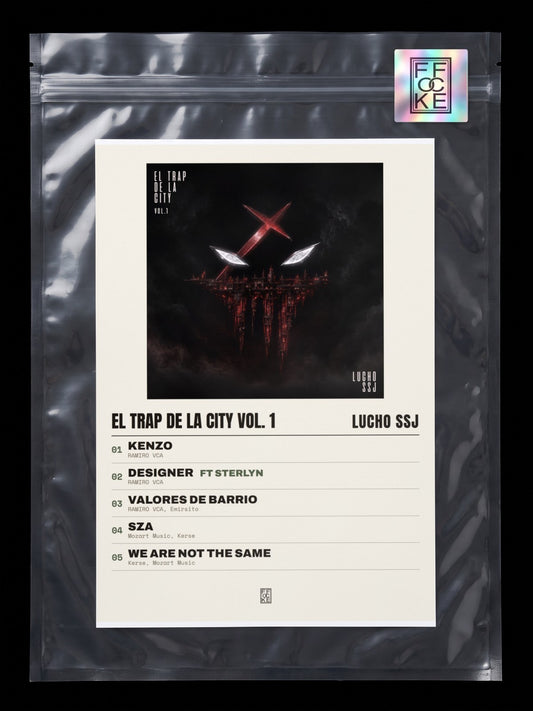 Póster de EL TRAP DE LA CITY Vol. 1 de Lucho SSJ en una bolsa sellada con sticker FFOCKE
