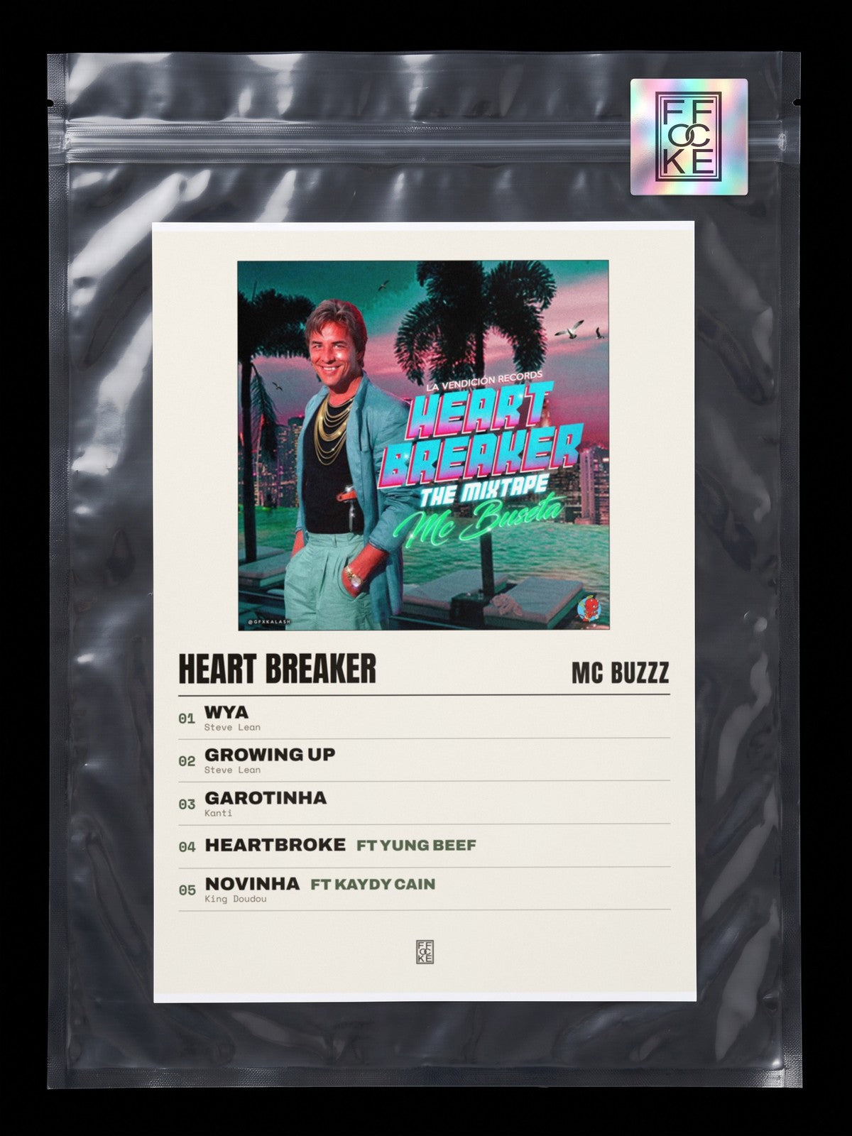 Póster de Heart Breaker de MC Buzzz en una bolsa sellada con sticker FFOCKE