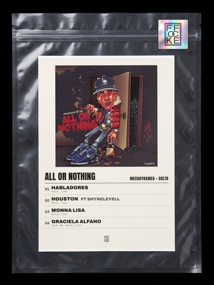 Póster de All Or Nothing de MECHAYRXMEO × CULTO en una bolsa sellada con sticker FFOCKE