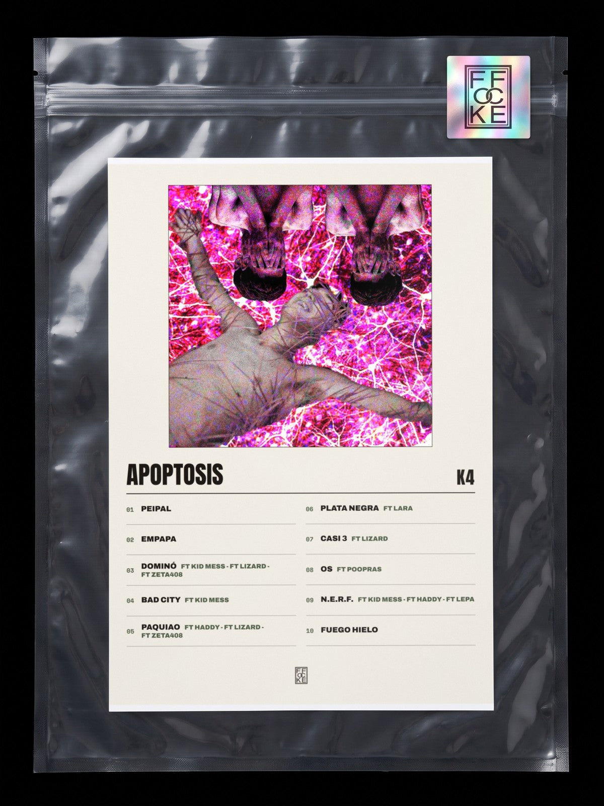 Póster de Apoptosis de K4 en una bolsa sellada con sticker FFOCKE
