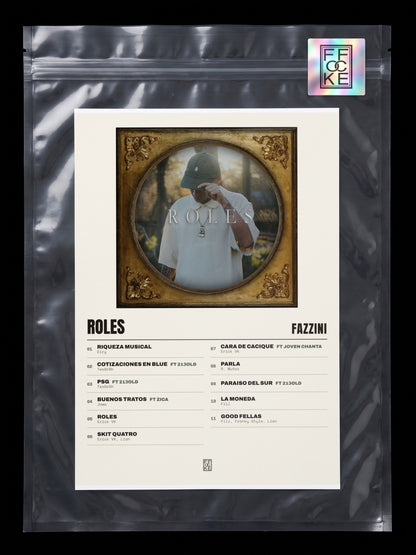 Póster de Roles de Fazzini en una bolsa sellada con sticker FFOCKE