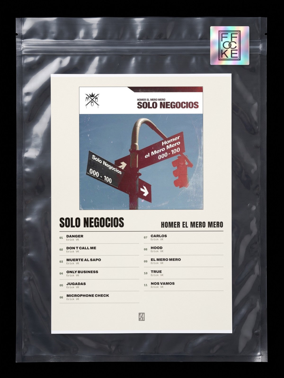 Póster de Solo Negocios de Homer El Mero Mero en una bolsa sellada con sticker FFOCKE