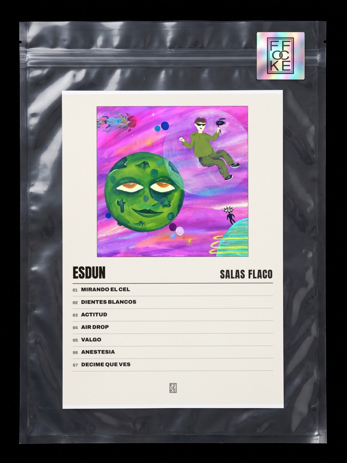 Póster de Esdun de Salas Flaco en una bolsa sellada con sticker FFOCKE