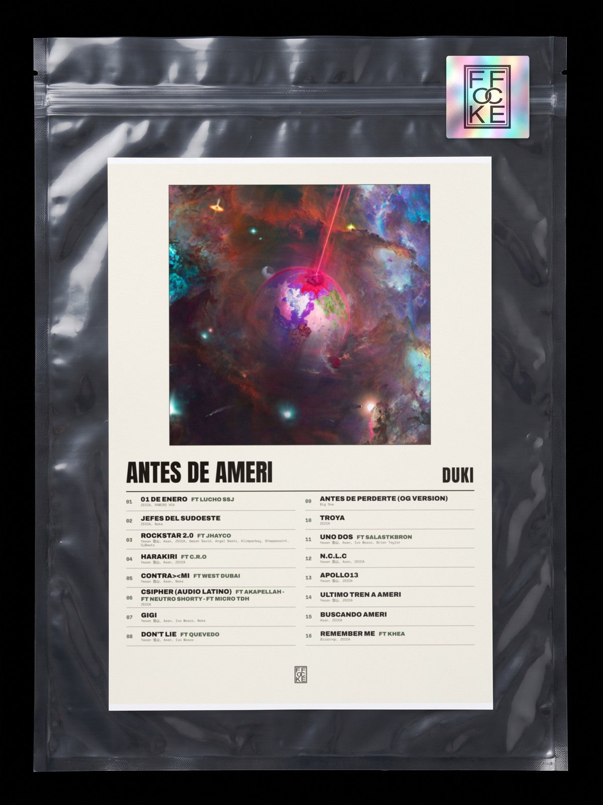Póster de Antes de Ameri de Duki en una bolsa sellada con sticker FFOCKE
