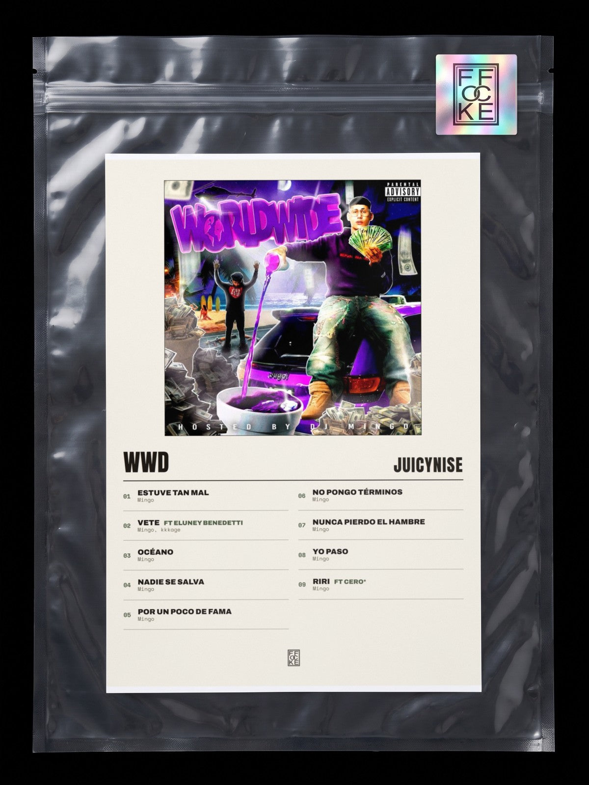 Póster de WWD de JuicyNise en una bolsa sellada con sticker FFOCKE
