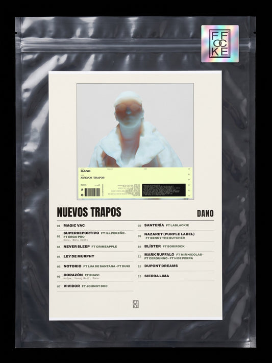 Póster de Nuevos Trapos de Dano en una bolsa sellada con sticker FFOCKE