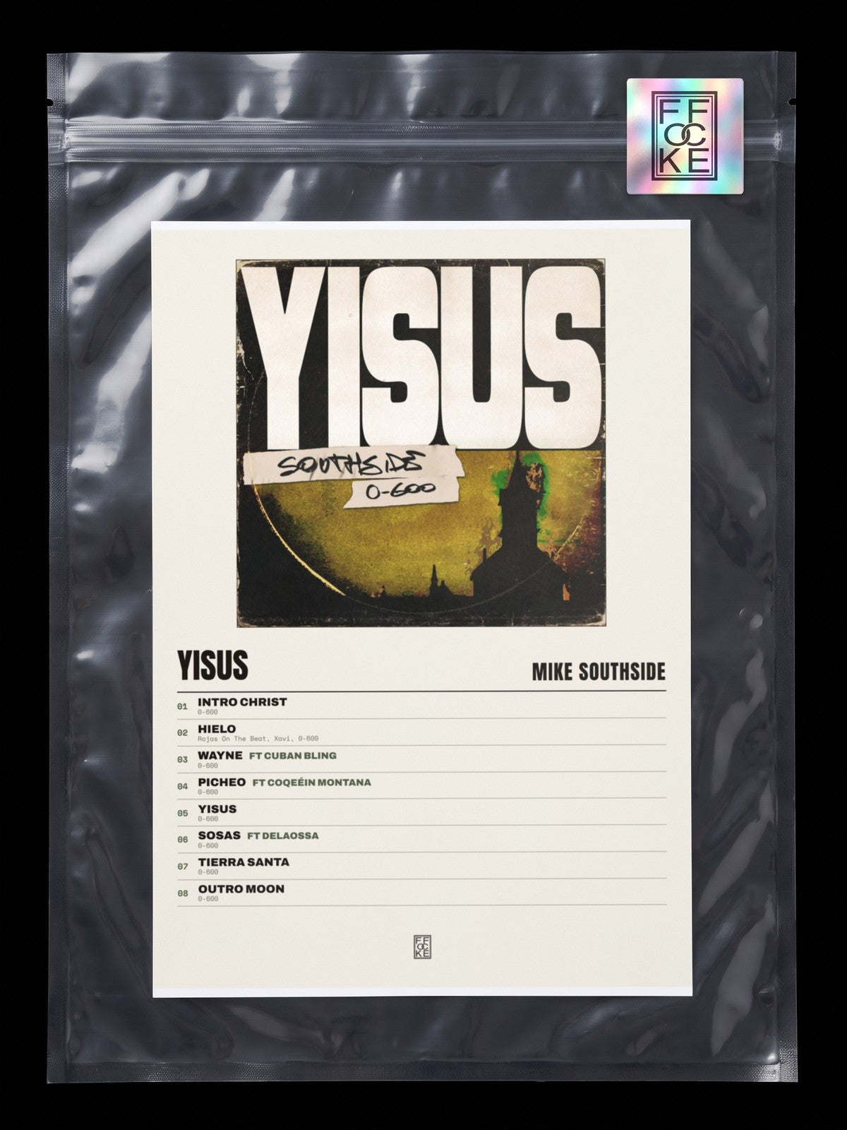 Póster de Yisus de Mike Southside en una bolsa sellada con sticker FFOCKE