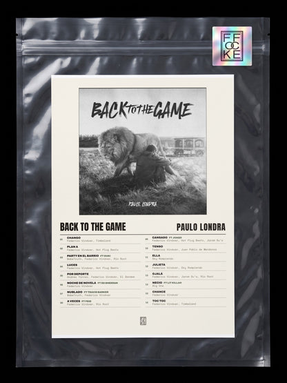 Póster de Back To The Game de Paulo Londra en una bolsa sellada con sticker FFOCKE