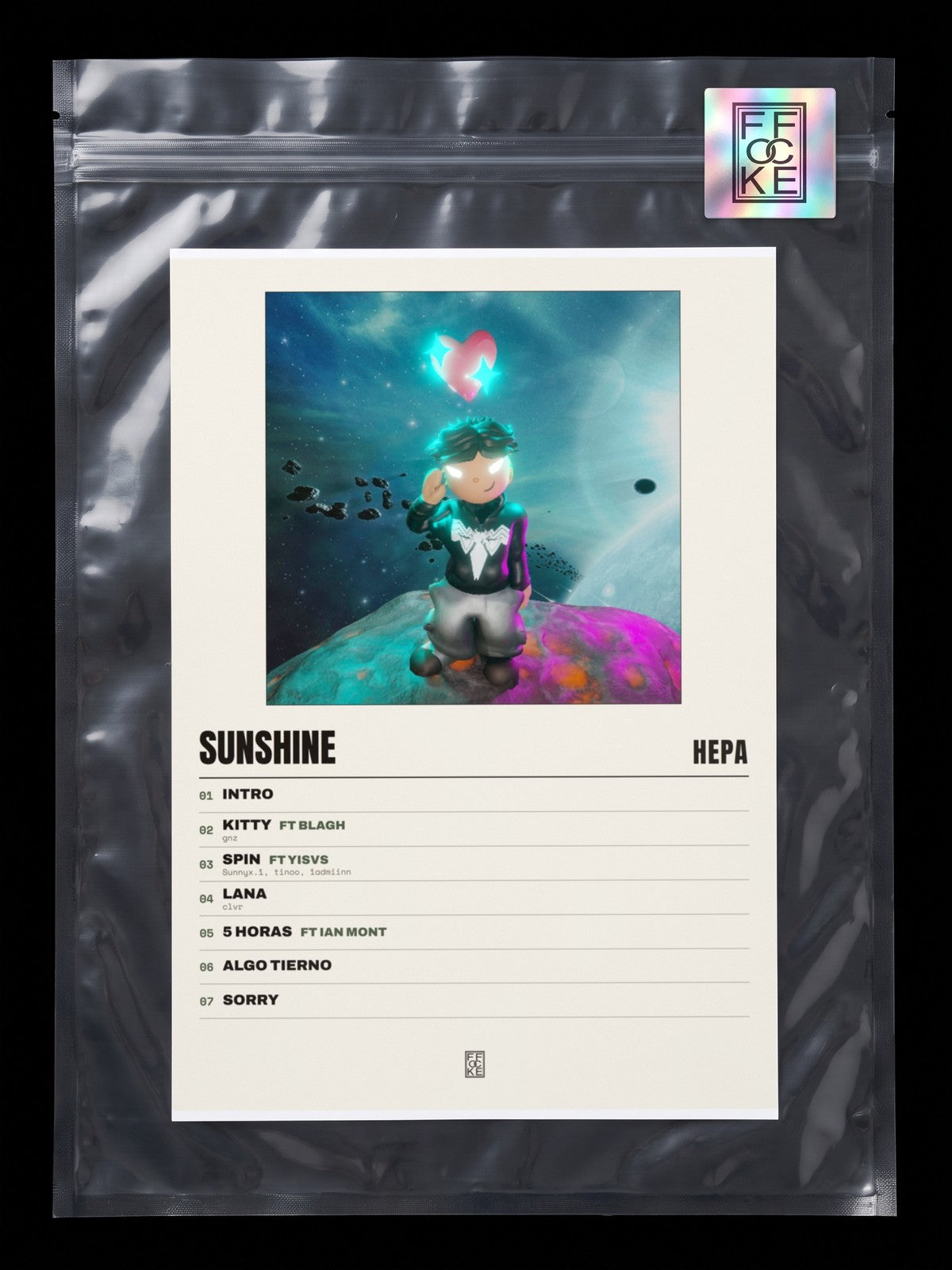 Póster de Sunshine de Hepa en una bolsa sellada con sticker FFOCKE