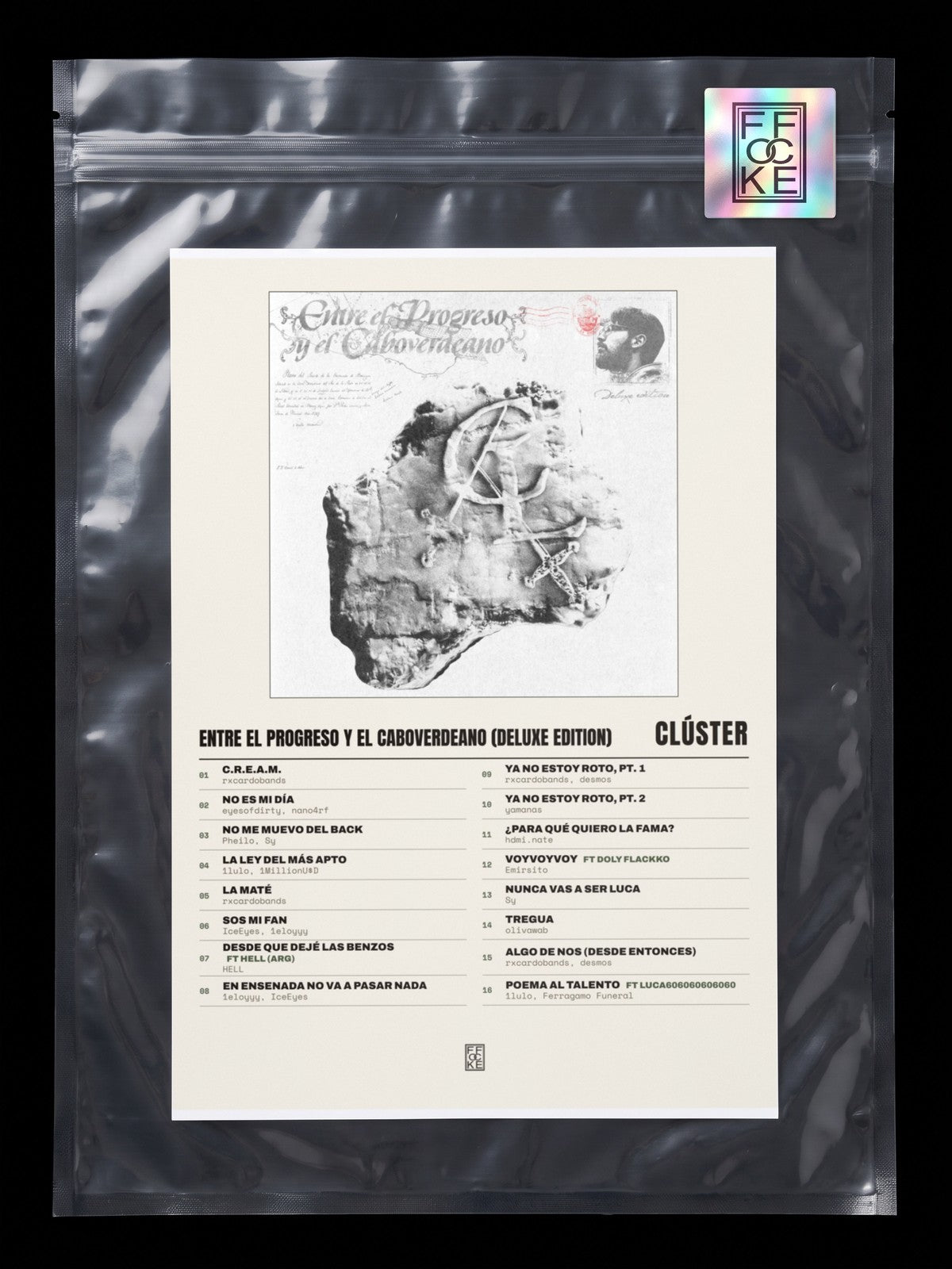 Póster de Entre el Progreso y el Caboverdeano (Deluxe Edition) de Clúster en una bolsa sellada con sticker FFOCKE